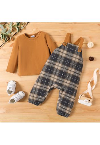 2pcs Baby Boy 95% Cotton Long-sleeve T-shirt and Plaid Overalls Set