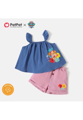 PAW Patrol 2pcs Toddler Girl 100% Cotton Floral Print Blue Camisole and Button Design Crepe Pink Shorts Set