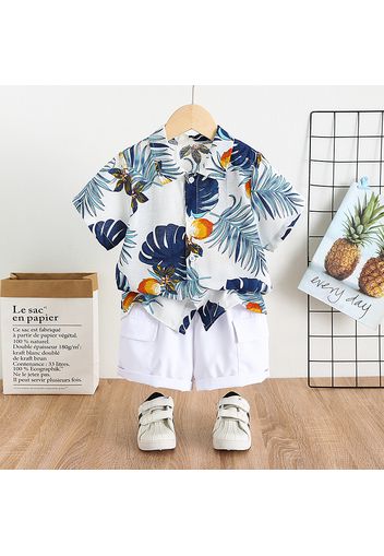 2pcs Toddler Boy Vacation Boho Floral Print Lapel Collar Shirt and Pocket Design Shorts Set