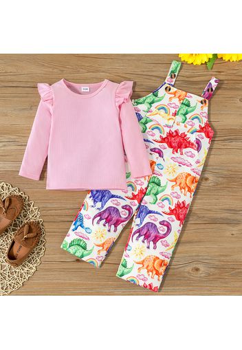 2-piece Toddler Girl Ruffled Ribbed Pink Top and Dinosaur Print Overalls Set