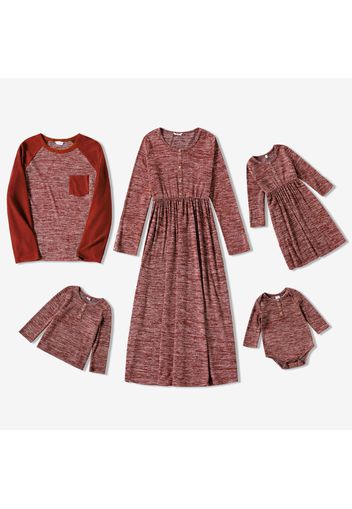 Family Matching Heathered Round Neck Long-sleeve Midi Dresses and T-shirts Sets