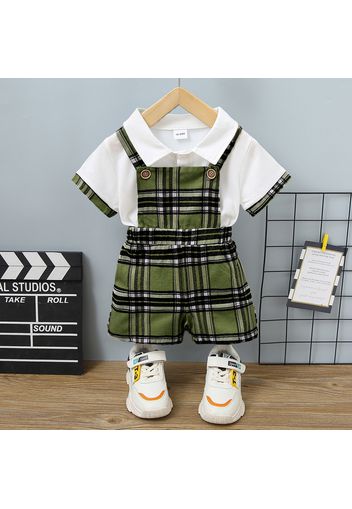 2pcs Toddler Boy Classic Plaid Polo Shirt and Overalls Shorts Set