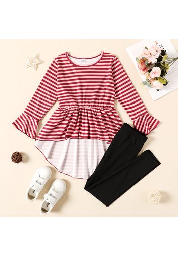 2-piece Kid Girl Stripe High Low Long-sleeve Tee and Black Leggings Set