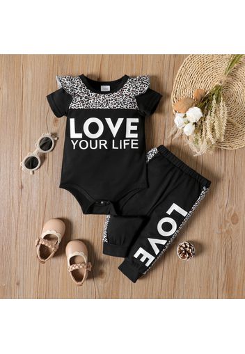 2pcs Baby Girl Letter Print Leopard Ruffle Short-sleeve Romper and Pants Set