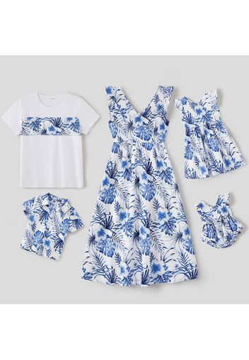 Mosaic Blue Leaves Print Family Matching White Sets