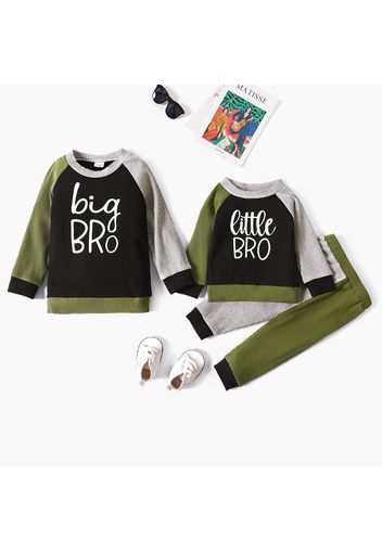 Sibling Matching Letter Print Cotton Ribbed Raglan Long-sleeve Color Block Sets