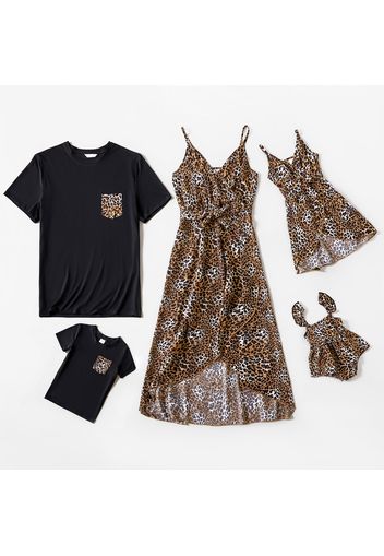 Leopard Print Family Matching Sets（Spaghetti Strap Belted Tulip Hem Dresses and Short-sleeve T-shirts ）