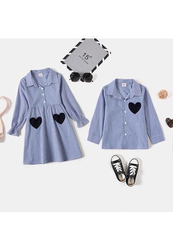 Sibling Matching 100% Cotton Love Heart Pocket Blue Striped Long-sleeve Sets