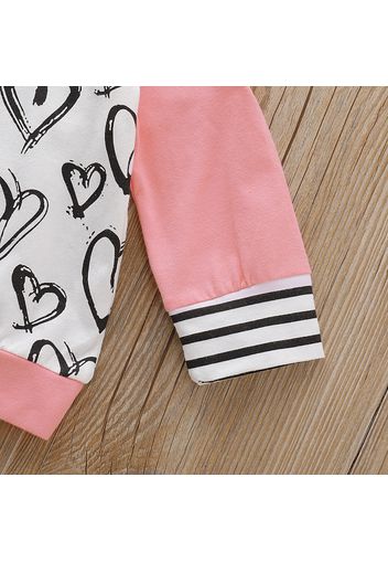 2pcs Heart and Striped Print Hooded Long-sleeve Pink Baby Set