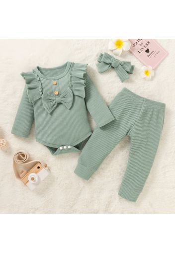 Baby 3pcs Cotton Solid Ribbed Long-sleeve Ruffle Bowknot Romper Set