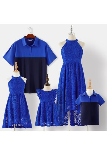 Family Matching Blue Lace Halter Sleeveless Dresses and Colorblock Short-sleeve Polo Shirts Sets