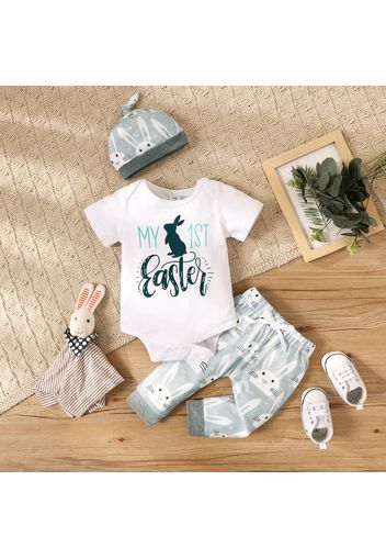 Easter 3pcs Baby Boy/Girl Rabbit Letter Print Short-sleeve Romper and Pants with Hat Set