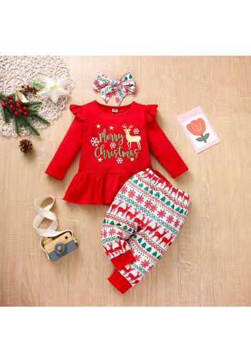 Baby 3pcs Red Christmas Letter Print Ruffle Hem Long-sleeve Set