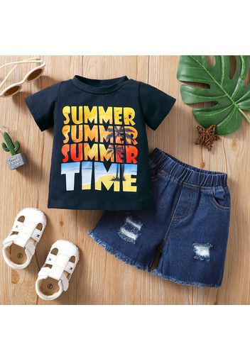 2pcs Baby Boy 95% Cotton Short-sleeve Letter Print T-shirt and Ripped Denim Shorts Set