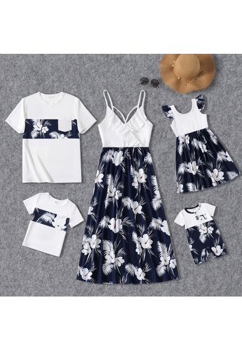 Family Matching White Spaghetti Strap Ruffle V Neck Splicing Floral Print Dresses and Short-sleeve T-shirts Sets