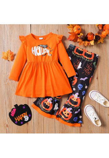 2pcs Toddler Girl Halloween Letter Print Ruffled Long-sleeve Tee and Pumpkin Ghost Print Flared Pants Set