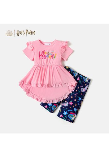 Harry Potter 2pcs Kid Girl Letter Print Ruffled High Low Short-sleeve Pink Tee and Allover Print Shorts Set