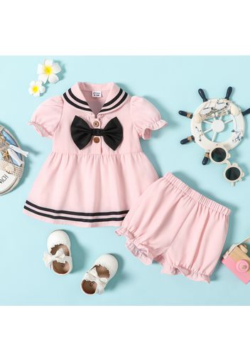 2pcs Baby Girl Striped Splice Pink Puff-sleeve Bow Front Dress with Shorts Set