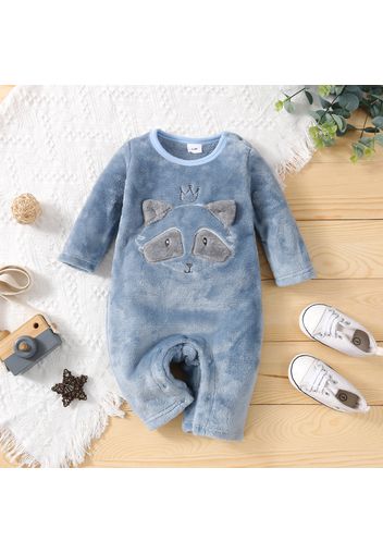 Cartoon Animal Embroidered 3D Ears Solid Long-sleeve Fleece Baby Jumpsuit