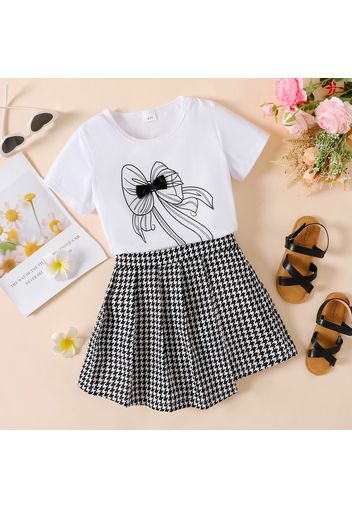 2pcs Kid Girl Bowknot Print Short-sleeve White Tee and Houndstooth Elasticized Shorts Set