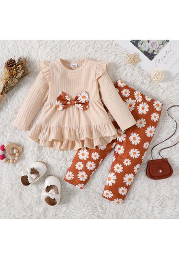 2pcs Baby Girl Bow Front Solid Rib Knit Ruffle Trim Long-sleeve Top and Allover Daisy Floral Print Pants Set