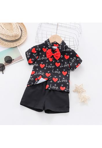 2pcs Baby Boy Love Heart and Letter Print Black Short-sleeve Gentleman Shirt with Shorts Set