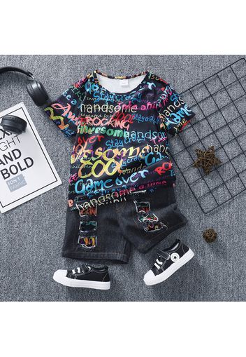 2pcs Toddler Boy Trendy Patchwork Ripped Denim Shorts and Letter Print Shorts Set