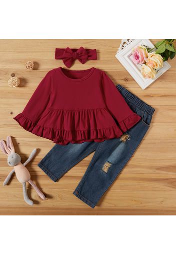 3-piece Baby / Toddler Ruffled Top and Denim Pants Set With Headband