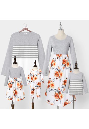 Family Matching Grey Cotton Long-sleeve Floral Splicing Midi Dresses and Striped T-shirts Sets