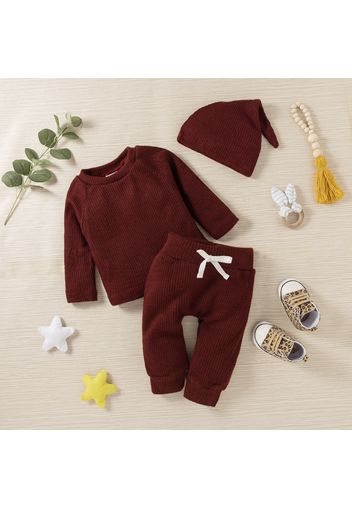 Baby Boy/Girl 3pcs Solid Ribbed Long-sleeve Pullover and Trouser Set