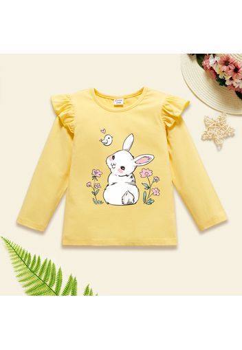 Toddler Graphic Rabbit and Floral and Bird Print Ruffled Long-sleeve Tee