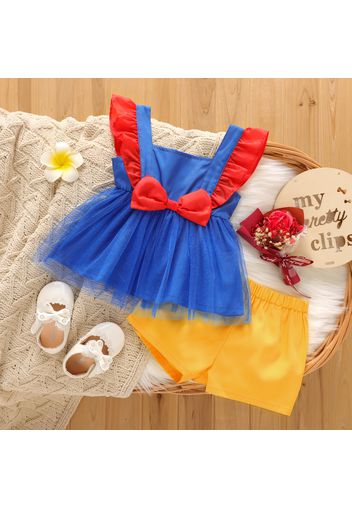 2pcs Baby Girl Colorblock Ruffle Bowknot Sleeveless Mesh Top and Solid Shorts Set