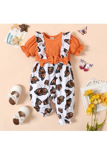 Baby Girl Rib Knit Puff-sleeve Spliced Butterfly Print Ruffle Trim Jumpsuit