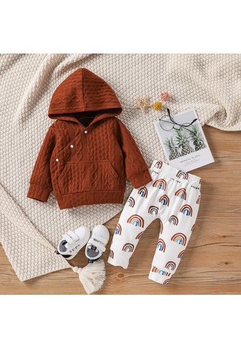 2pcs Baby Boy/Girl Brown Textured Long-sleeve Hoodie and Rainbow Print Trousers Set