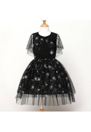 Kid Girl Satr Glitter Design Irregular Sleeve Mesh Design Princess Black Party Dress