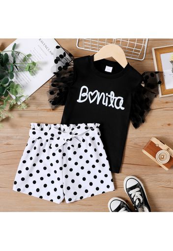 2-piece Kid Girl Letter Print Mesh Flutter-sleeve Black Tee and Belted Polka dots Shorts Set