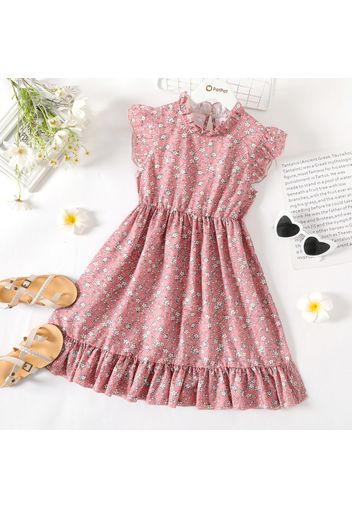 Kid Girl Floral Print Ruffle Collar Flutter-sleeve Dress