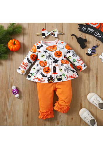 Halloween 3pcs Baby Girl 95% Cotton Layered Frill Trim Pants and Long-sleeve Allover Print Top with Headband Set