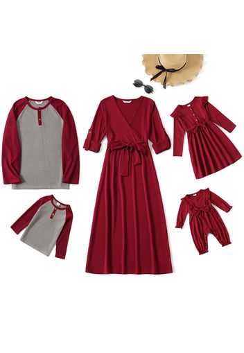 Family Matching Wine Red V Neck Long-sleeve Dresses and Raglan-sleeve T-shirts Sets