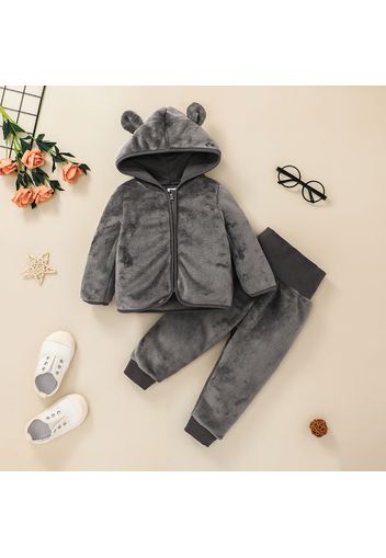 2pcs Solid  Hooded Long-sleeve Baby Set