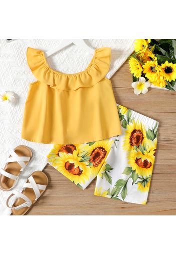 2-piece Kid Girl Flounce Sleeveless Yellow Top and Floral Print Elasticized Shorts Set