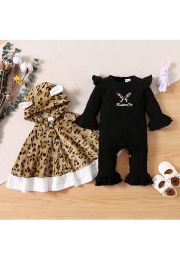 2pcs Baby Leopard Hooded Cloak and Black Cotton Long-sleeve Ruffle Jumpsuit Set