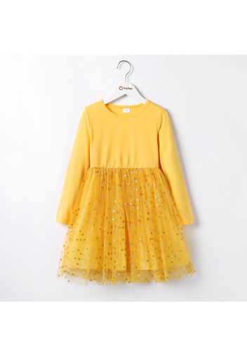 Kid Girl Glitter Polka dots Design Long-sleeve Mesh Splice Dress