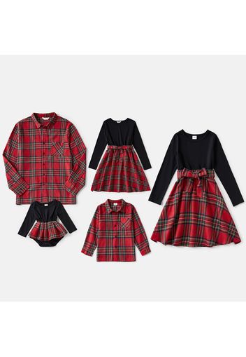 Red Plaid Print Long-sleeve Family Matching Sets(Plaid Splicing Black Belted Dresses)