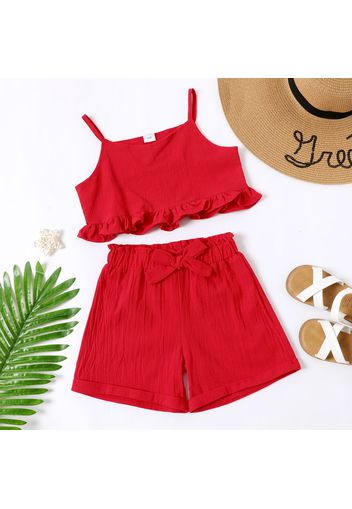 2-piece Kid Girl Ruffled Red Camisole and Bowknot Design Paperbag Shorts Set