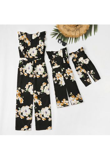 Floral Print Flutter-sleeve Matching Black Jumpsuits