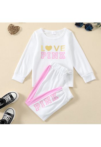 2-piece Toddler Girl Letter Heart Print Long-sleeve Top and Colorblock Pants Set