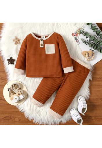 2pcs Baby Boy Color Block Waffle Loungewear Top and Trousers Set