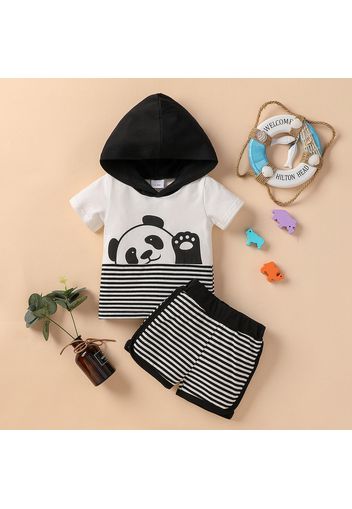 2pcs Baby Boy/Girl Cartoon Panda Print Short-sleeve Hooded Top and Striped Shorts Set