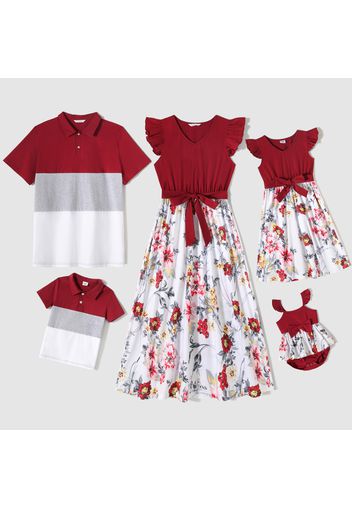 Family Matching Cotton Solid Flutter-sleeve Spliced Floral Print Dresses and Colorblock Short-sleeve Polo Shirts Sets